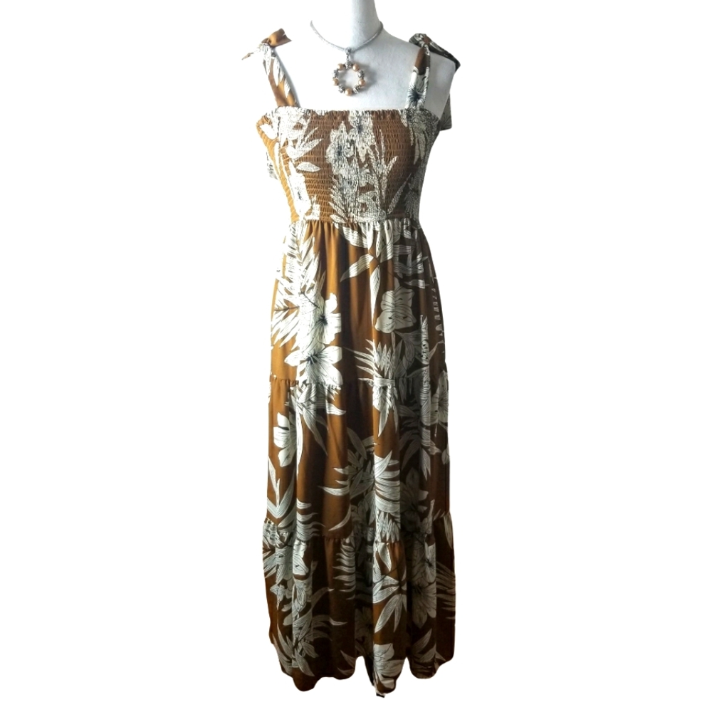 Crescent Tropical Cocoa Brown Leaf Print Maxi Dress